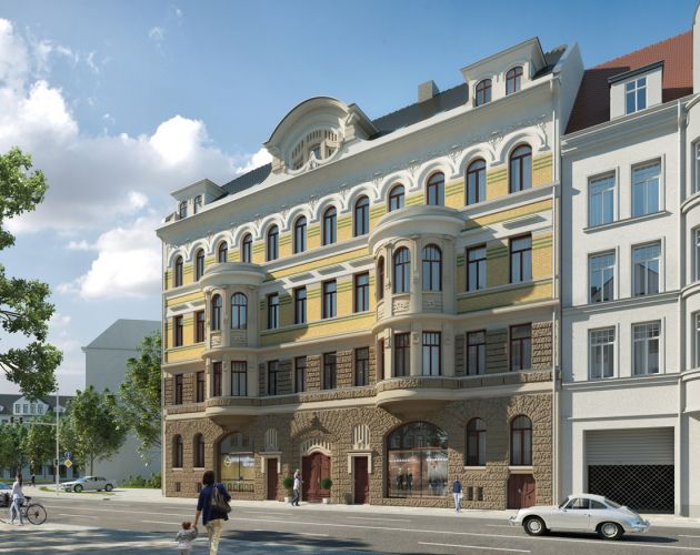 Historische Altbaufassade mit Erker und Stuckdetails in renovierter Stadtvilla an einer belebten Straße mit Fußgängern und Autos.